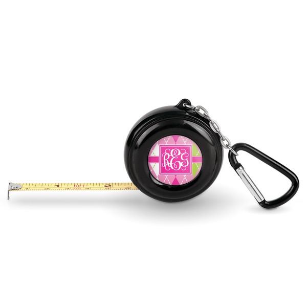 Custom Pink & Green Argyle Pocket Tape Measure - 6 Ft w/ Carabiner Clip (Personalized)