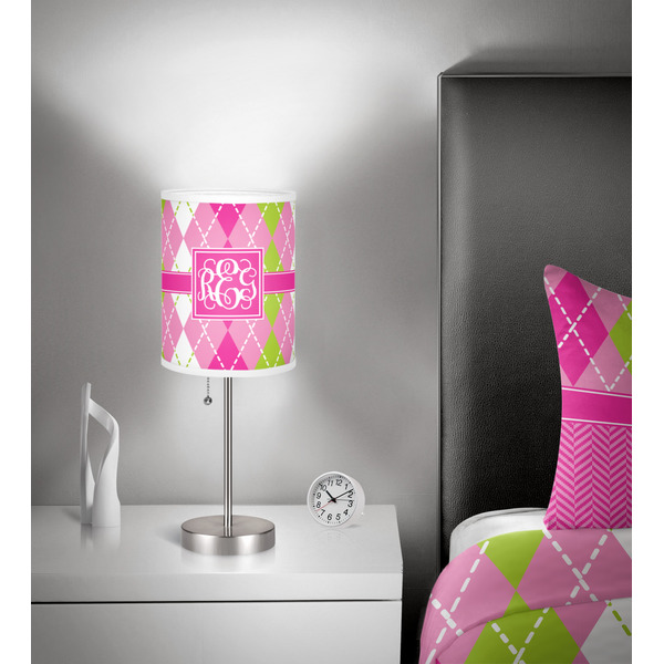 Pink & Green Argyle 7 inch drum lamp shade - in room