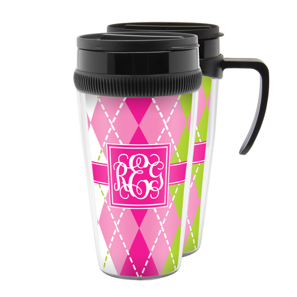 Custom Pink & Green Argyle Acrylic Travel Mug (Personalized)