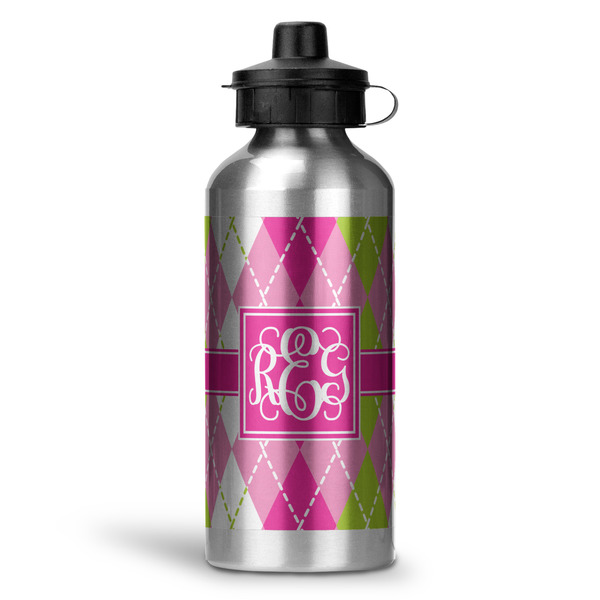 Custom Pink & Green Argyle Water Bottle - Aluminum - 20 oz (Personalized)