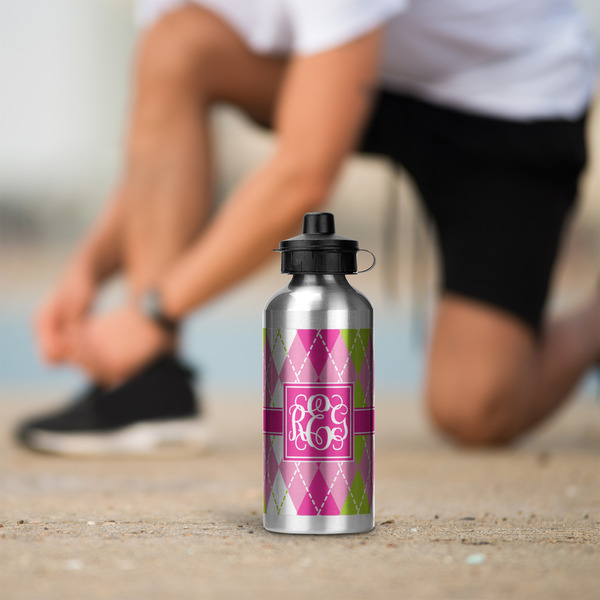 Pink & Green Argyle Aluminum Water Bottle - Silver LIFESTYLE
