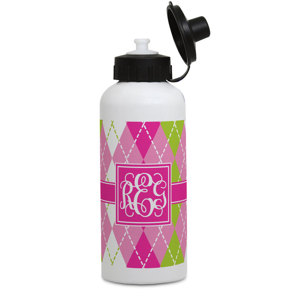 Custom Pink & Green Argyle Water Bottles - Aluminum - 20 oz - White (Personalized)