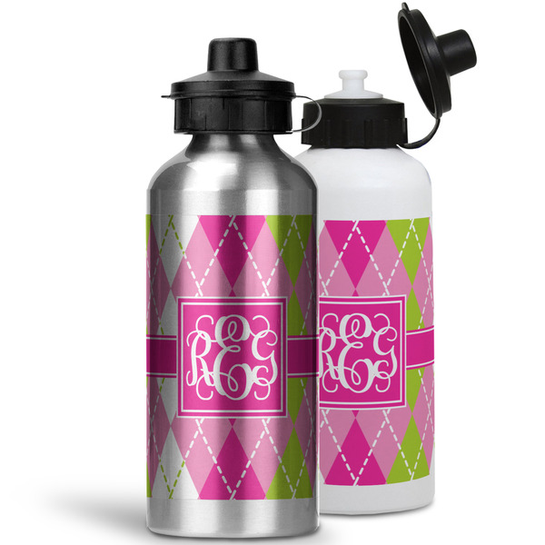 Pink & Green Argyle Aluminum Water Bottles - MAIN (white &silver)