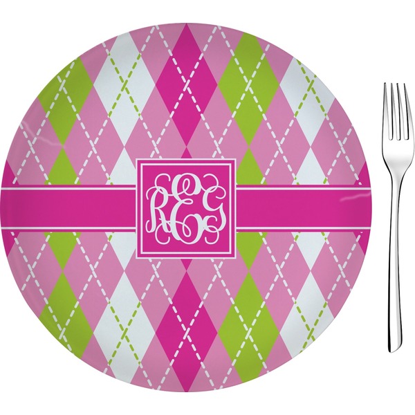 Custom Pink & Green Argyle 8" Glass Appetizer / Dessert Plates - Single or Set (Personalized)
