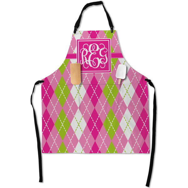 Custom Pink & Green Argyle Apron With Pockets w/ Monogram