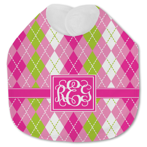 Custom Pink & Green Argyle Jersey Knit Baby Bib w/ Monogram