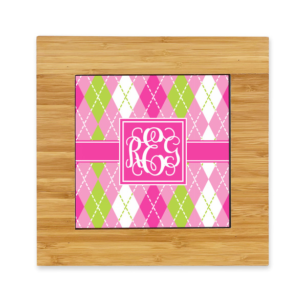 Custom Pink & Green Argyle Bamboo Trivet with Ceramic Tile Insert (Personalized)