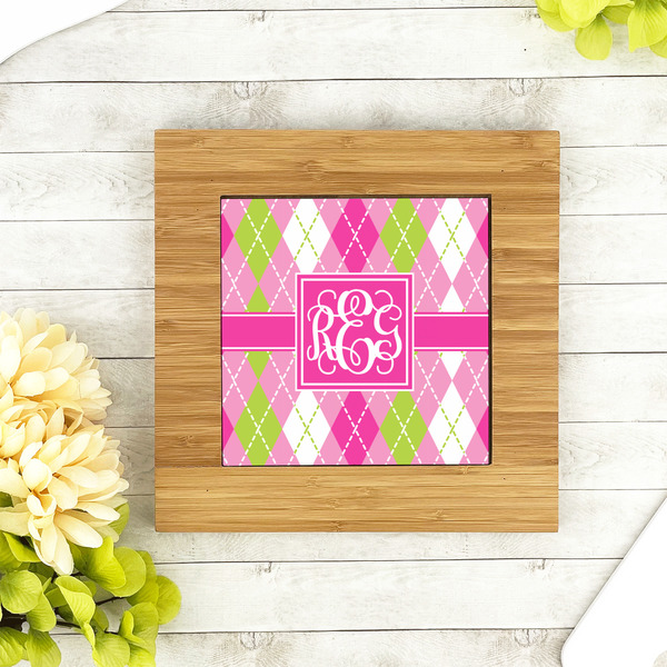 Pink & Green Argyle Bamboo Trivet with 6" Tile - LIFESTYLE