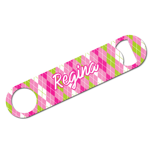 Custom Pink & Green Argyle Bar Bottle Opener w/ Monogram