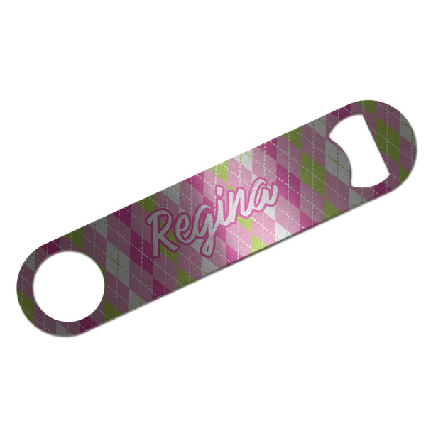 Custom Pink & Green Argyle Bar Bottle Opener - Silver w/ Monogram