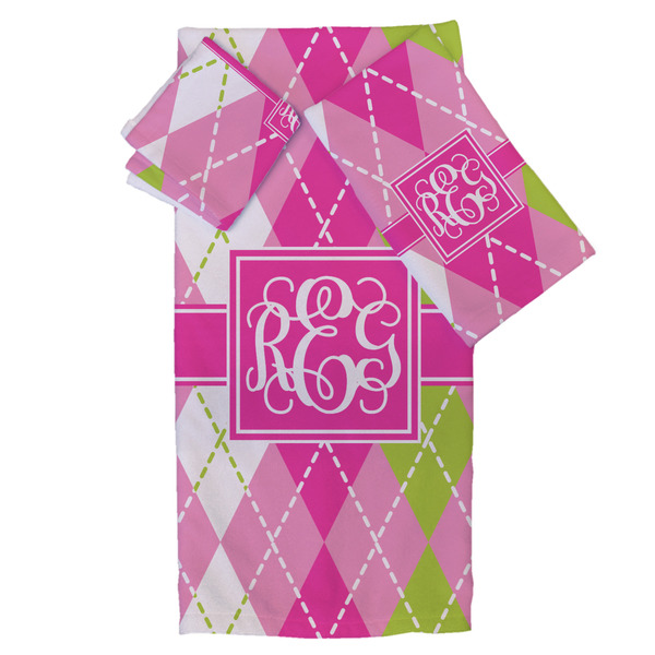 Custom Pink & Green Argyle Bath Towel Set - 3 Pcs (Personalized)