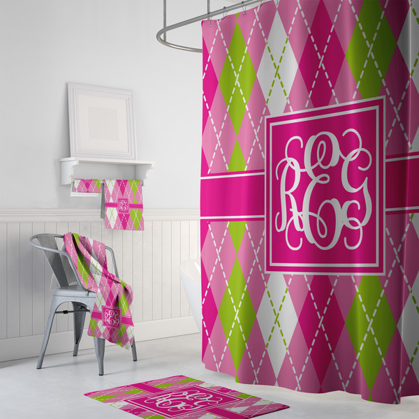 Pink & Green Argyle Bath Towel Sets - 3-piece - In Context