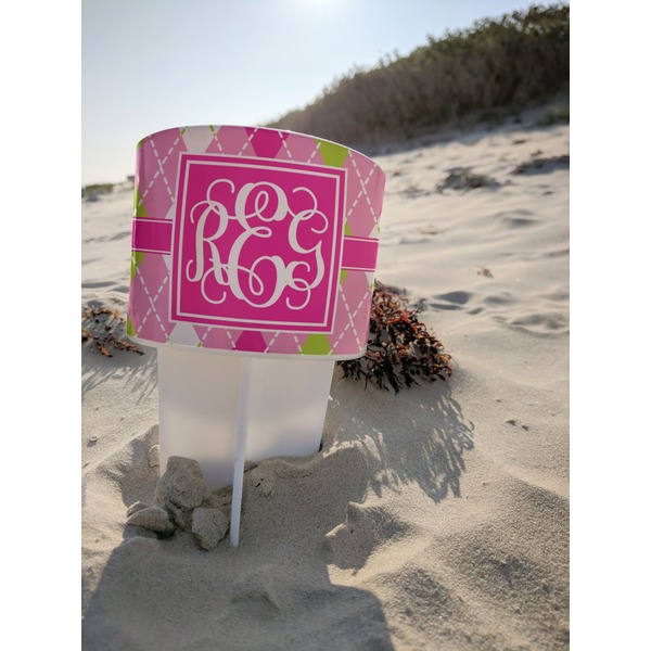 Pink & Green Argyle Beach Spiker white on beach with sand