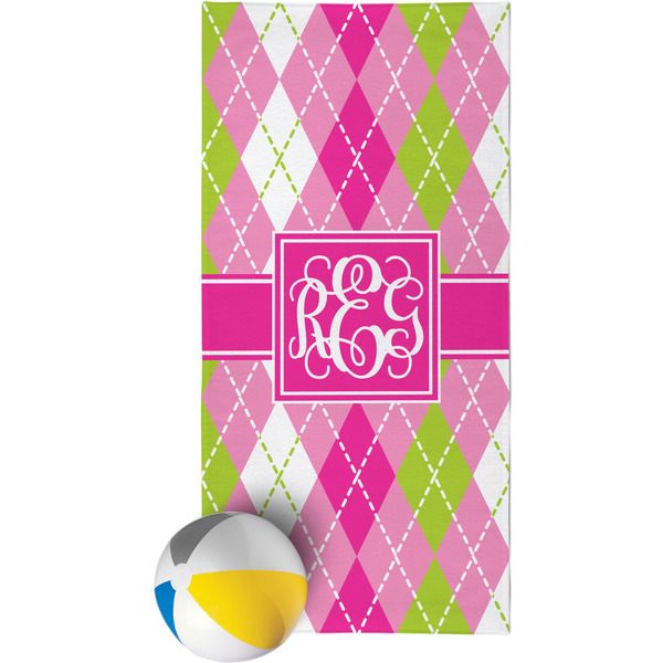 Custom Pink & Green Argyle Beach Towel (Personalized)