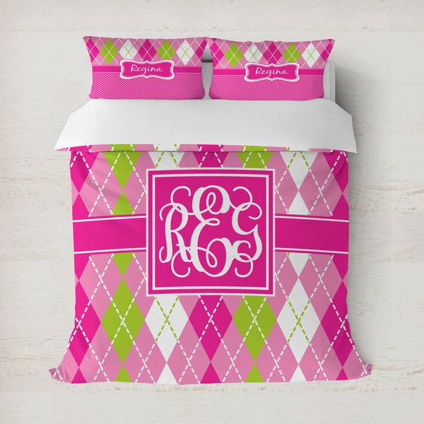 Custom Pink & Green Argyle Duvet Cover Set - Full / Queen (Personalized)