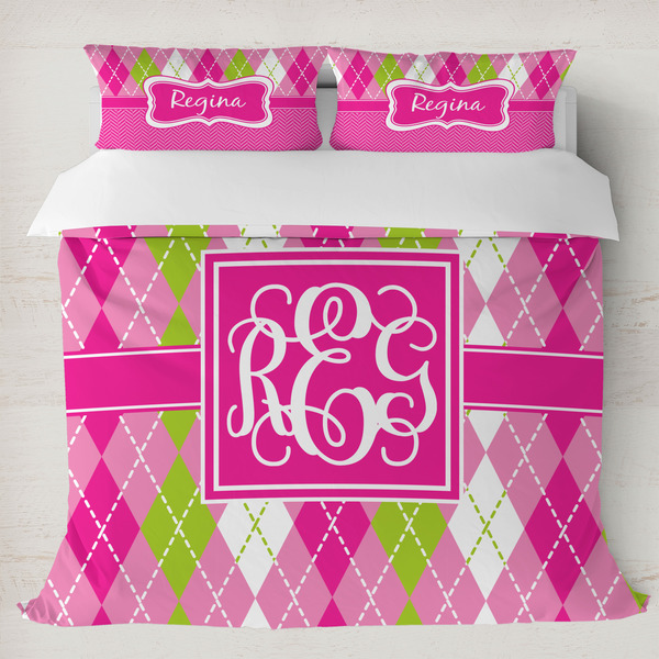 Custom Pink & Green Argyle Duvet Cover Set - King (Personalized)