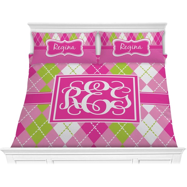 Custom Pink & Green Argyle Comforter Set - King (Personalized)