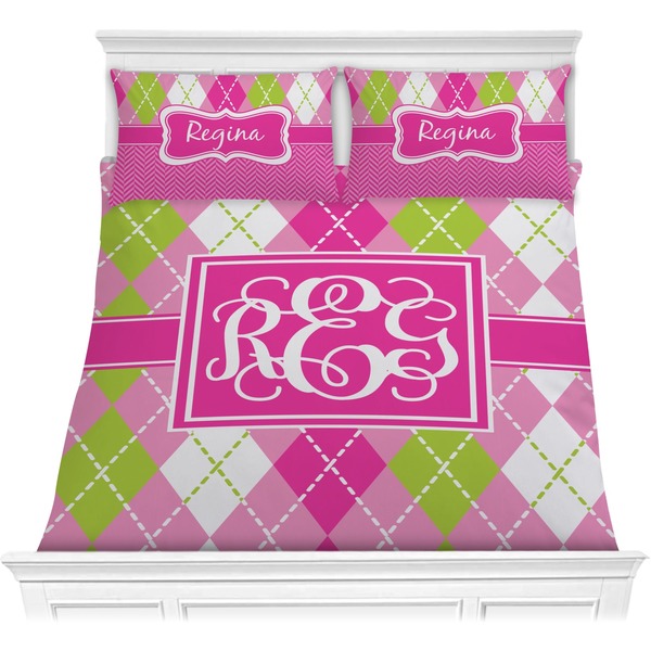Custom Pink & Green Argyle Comforter Set - Full / Queen (Personalized)