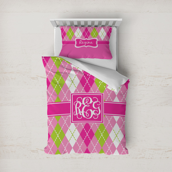 Custom Pink & Green Argyle Duvet Cover Set - Twin (Personalized)