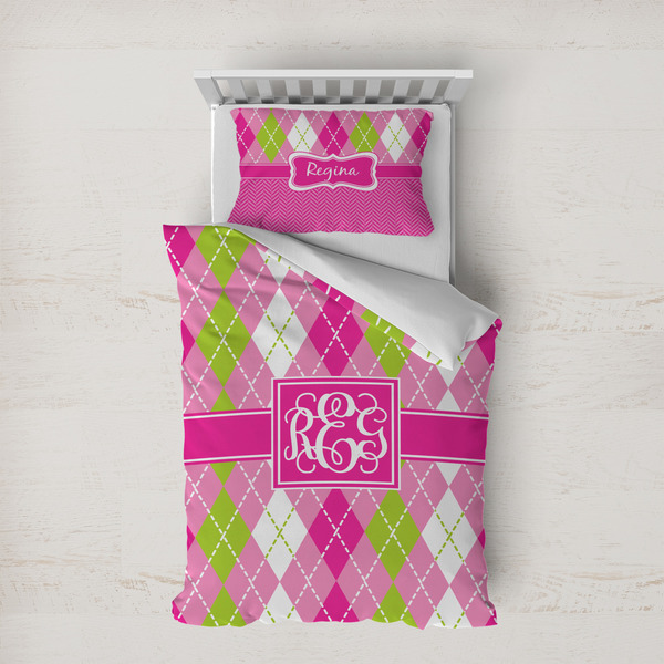 Custom Pink & Green Argyle Duvet Cover Set - Twin XL (Personalized)