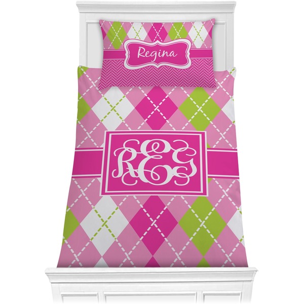 Custom Pink & Green Argyle Comforter Set - Twin XL (Personalized)