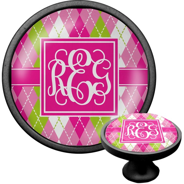 Custom Pink & Green Argyle Cabinet Knob (Black) (Personalized)