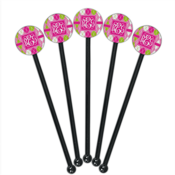 Pink & Green Argyle Black Plastic 5.5" Stir Stick - Round - Fan View