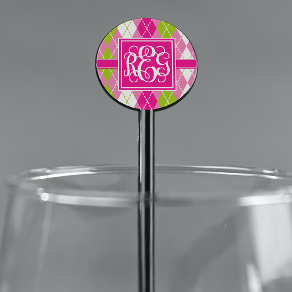 Pink & Green Argyle Black Plastic 5.5" Stir Stick - Round - Main