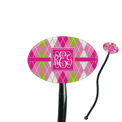 Pink & Green Argyle 7" Oval Plastic Stir Sticks - Black - Single Sided (Personalized)