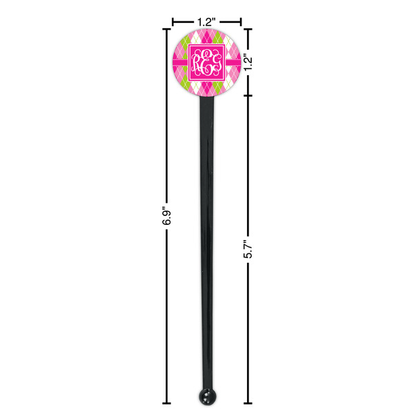 Pink & Green Argyle Black Plastic 7" Stir Stick - Round - Dimensions