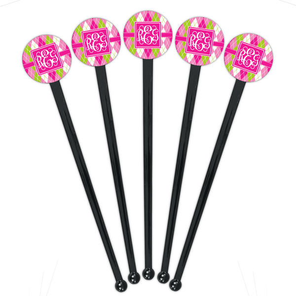 Pink & Green Argyle Black Plastic 7" Stir Stick - Round - Fan View