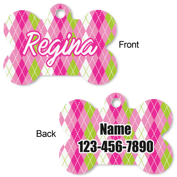 Pink & Green Argyle Bone Shaped Dog ID Tag - Large - Approval