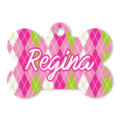 Pink & Green Argyle Bone Shaped Dog ID Tag - Large (Personalized)