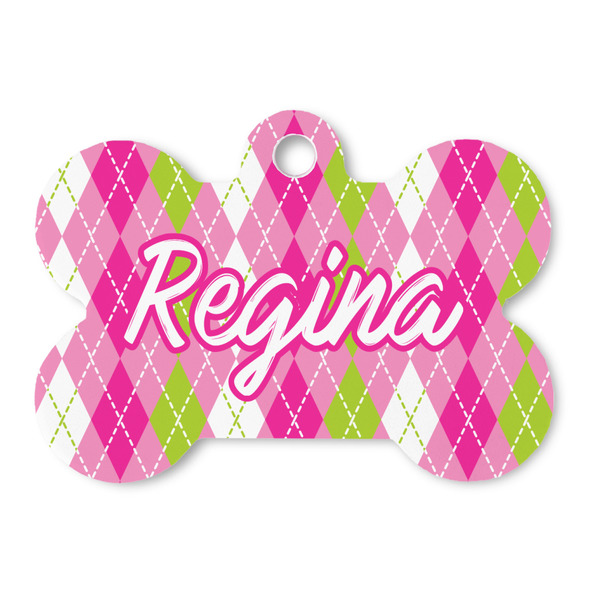 Custom Pink & Green Argyle Bone Shaped Dog ID Tag (Personalized)