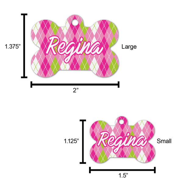 Pink & Green Argyle Bone Shaped Dog ID Tag - Large - Scale