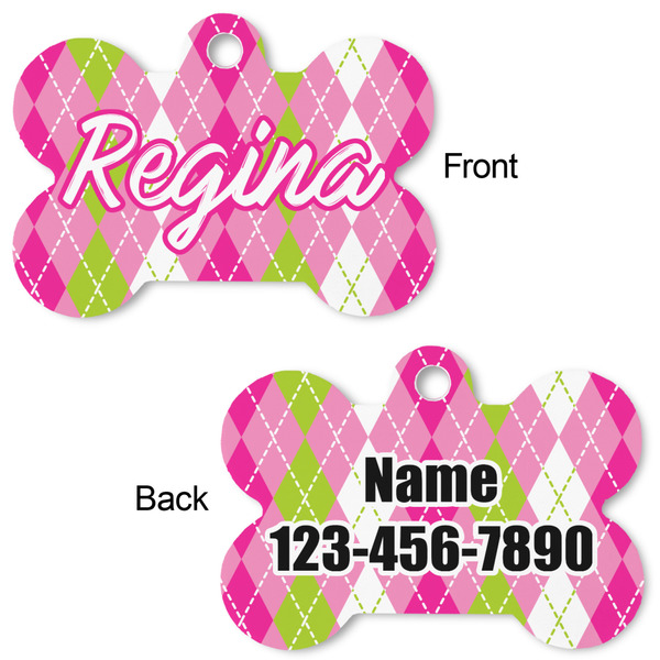 Pink & Green Argyle Bone Shaped Dog Tag - Front & Back
