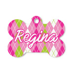 Pink & Green Argyle Bone Shaped Dog ID Tag - Small (Personalized)