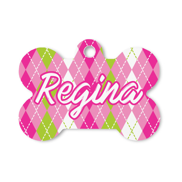 Custom Pink & Green Argyle Bone Shaped Dog ID Tag - Small (Personalized)