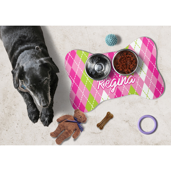 Pink & Green Argyle Bone Shaped Mat w/ Food & Water