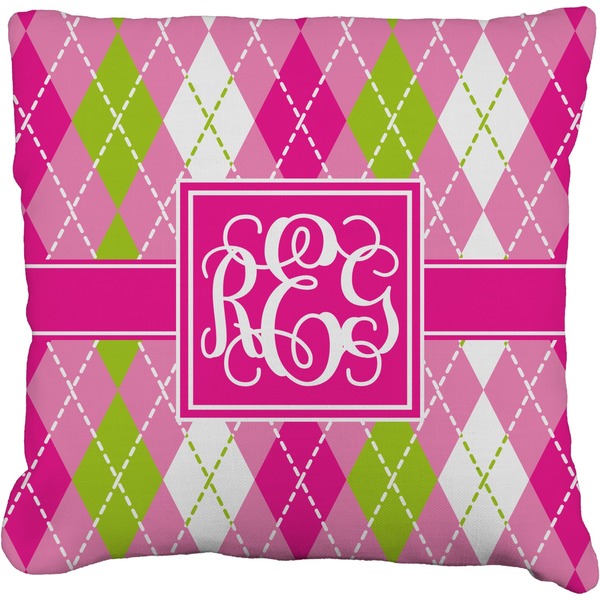 Custom Pink & Green Argyle Faux-Linen Throw Pillow 16" (Personalized)