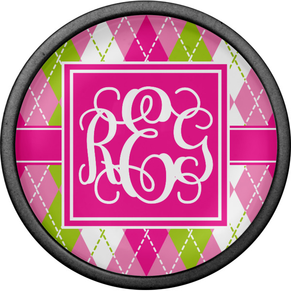 Pink & Green Argyle Cabinet Knob - Black - Front