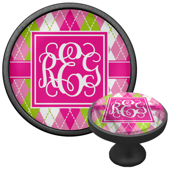 Pink & Green Argyle Cabinet Knob - Black - Multi Angle