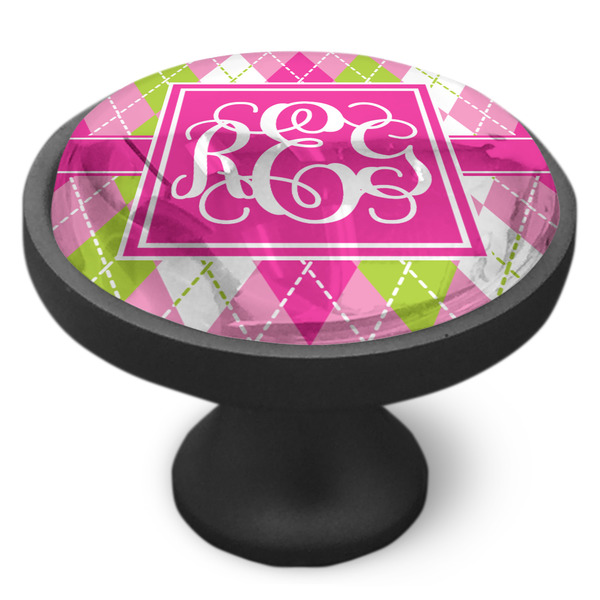Pink & Green Argyle Cabinet Knob - Black - Side