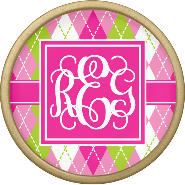 Pink & Green Argyle Cabinet Knob - Gold - Front