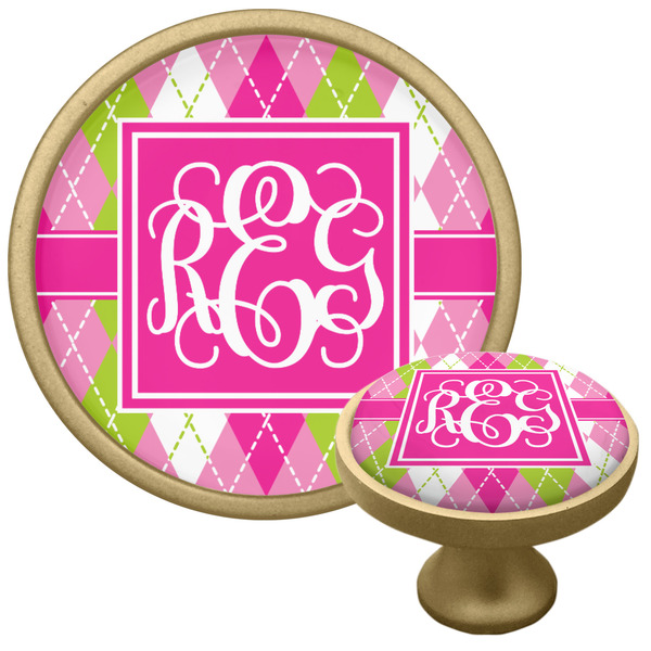 Pink & Green Argyle Cabinet Knob - Gold - Multi Angle