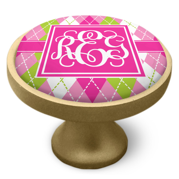 Pink & Green Argyle Cabinet Knob - Gold - Side