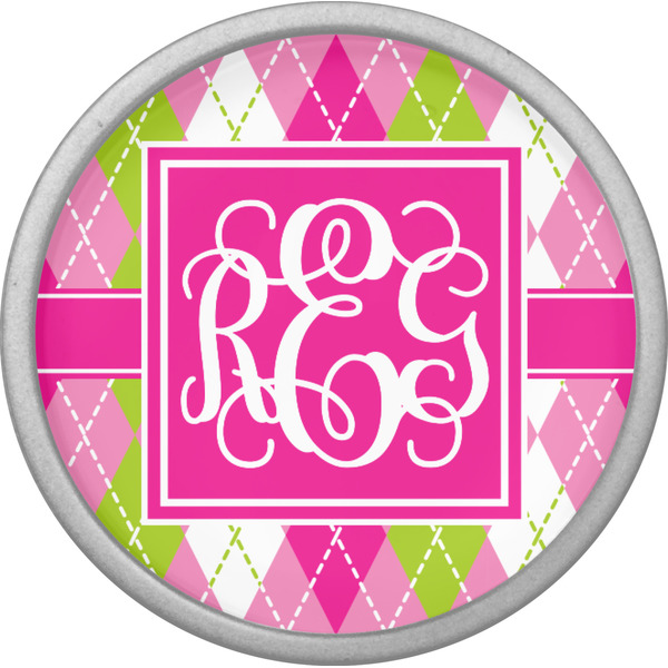 Pink & Green Argyle Cabinet Knob - Nickel - Front