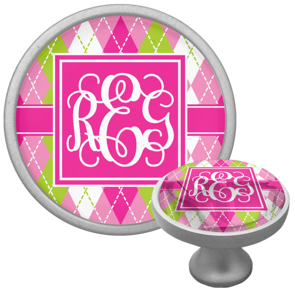 Custom Pink & Green Argyle Cabinet Knob (Silver) (Personalized)