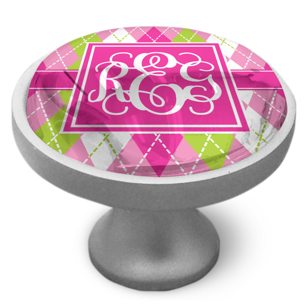 Pink & Green Argyle Cabinet Knob - Nickel - Side