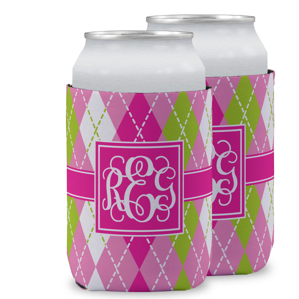 Custom Pink & Green Argyle Can Cooler (12 oz) w/ Monogram